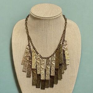 Vintage Gold Tone Textured Tag Drop Necklace Statement Double Layer 20.5”